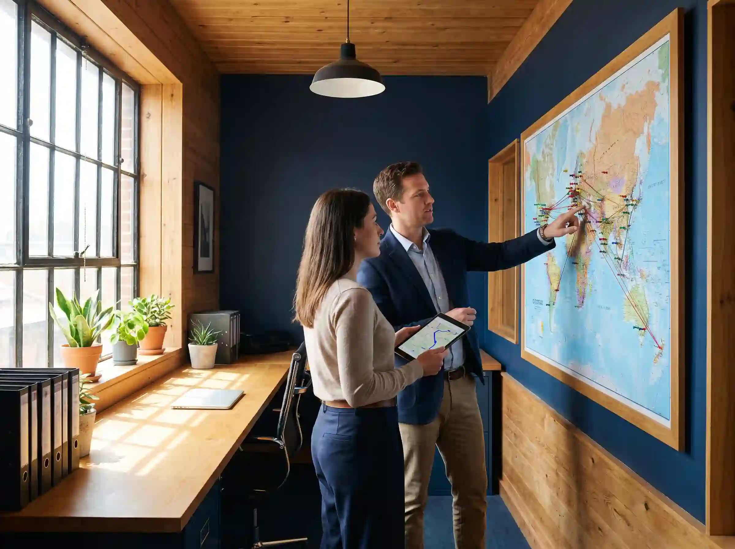JB Express operations team reviewing delivery routes on a wall map in a small office