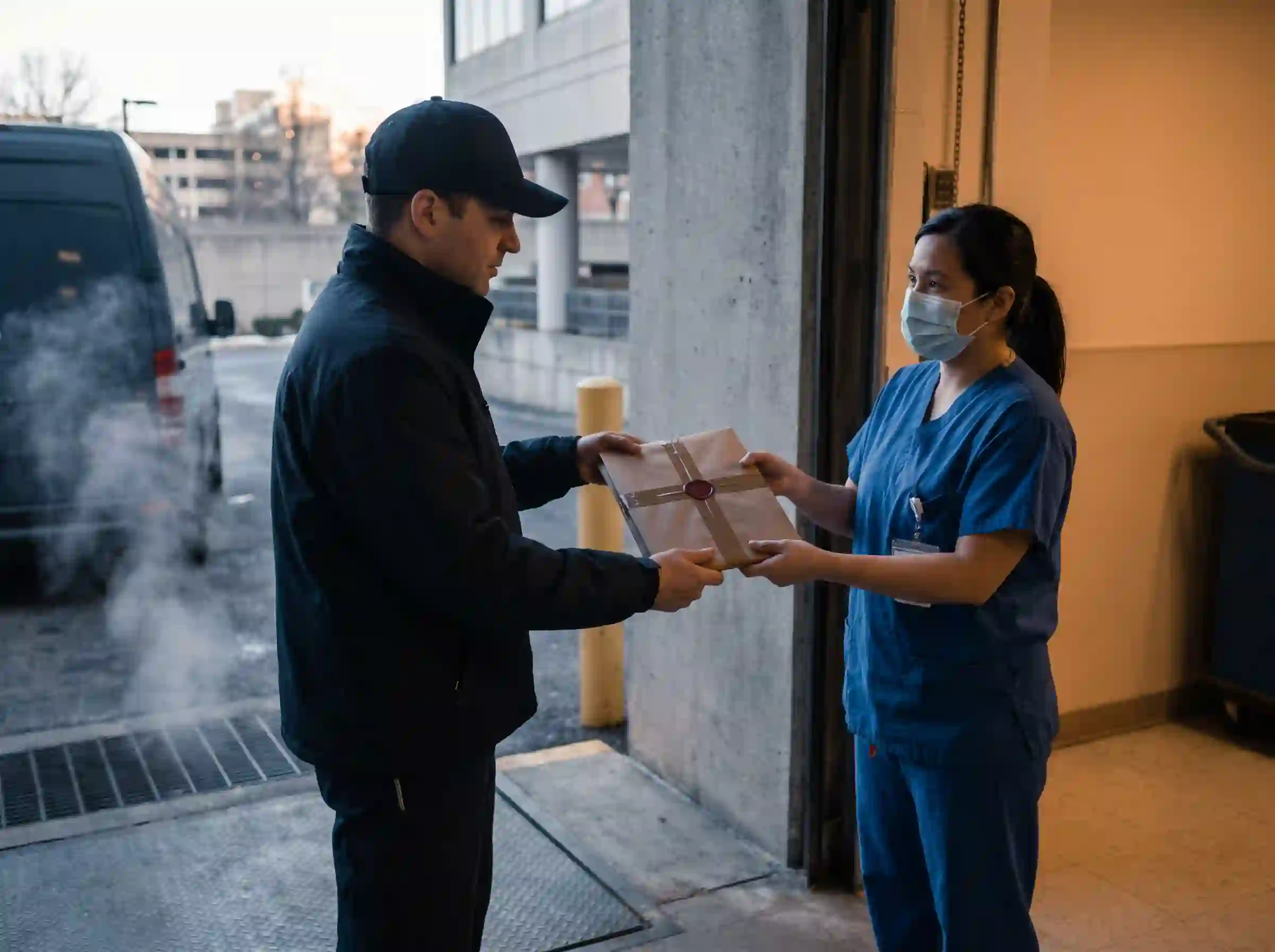 JB Express courier handing a sealed document package to a healthcare worker at a facility loading entrance