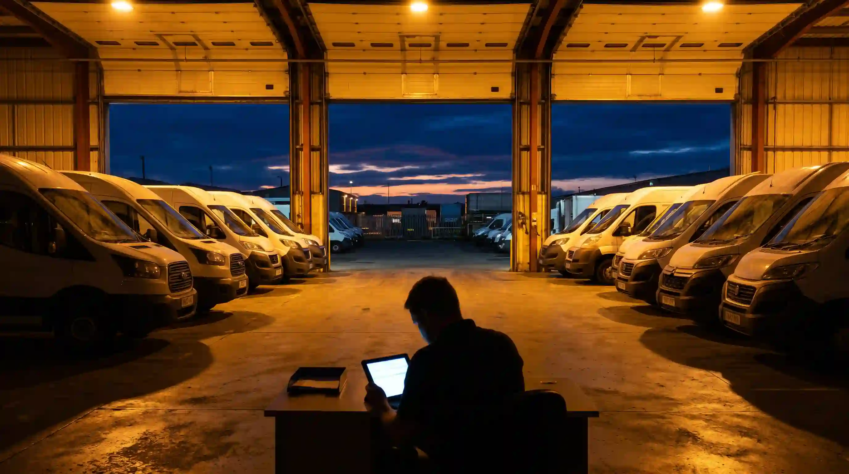 JB Express dispatch yard at dusk with a fleet of vans lined up under warehouse lighting