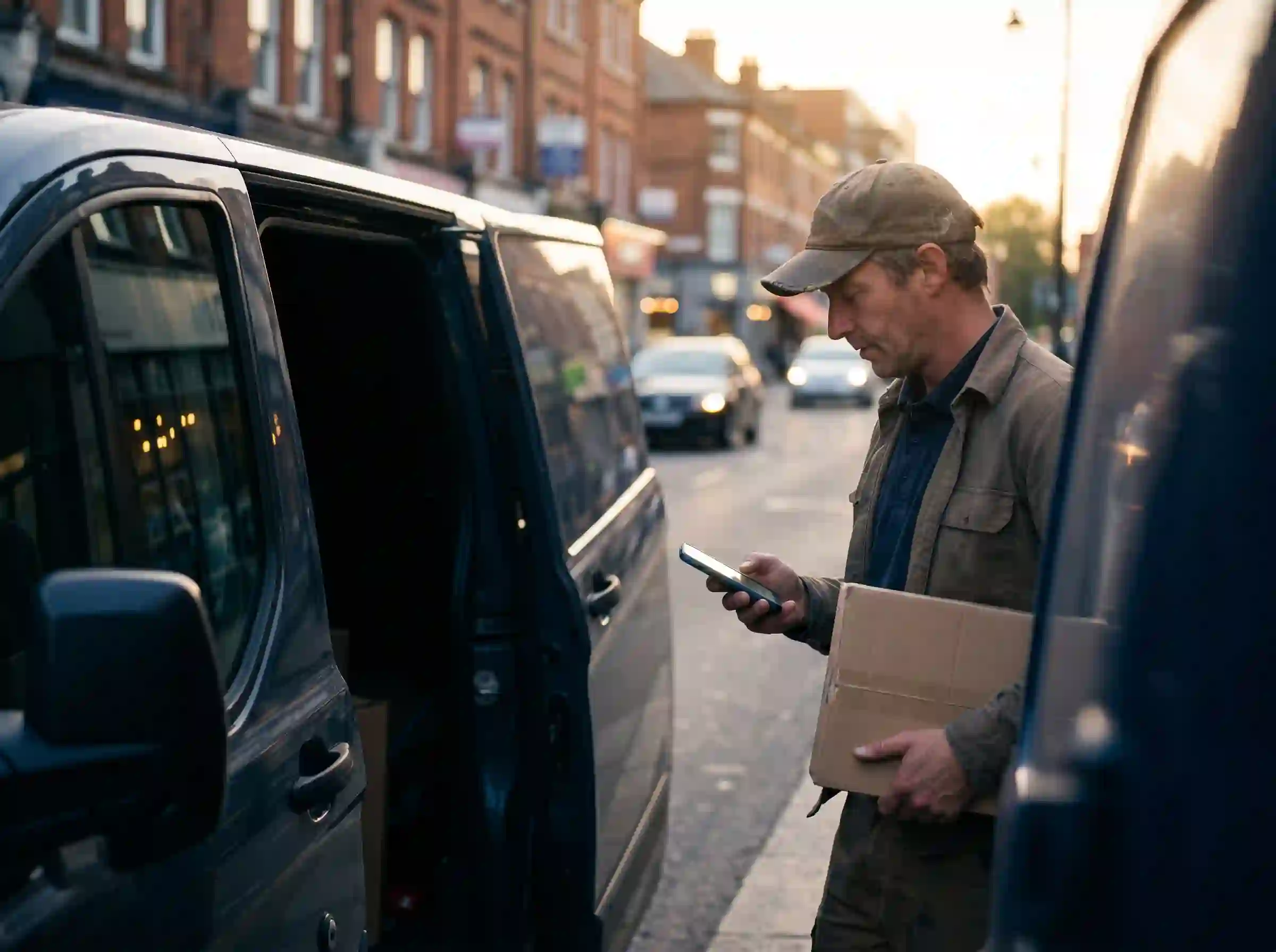 JB Express courier checking a dispatch job on a mobile device beside an open van door