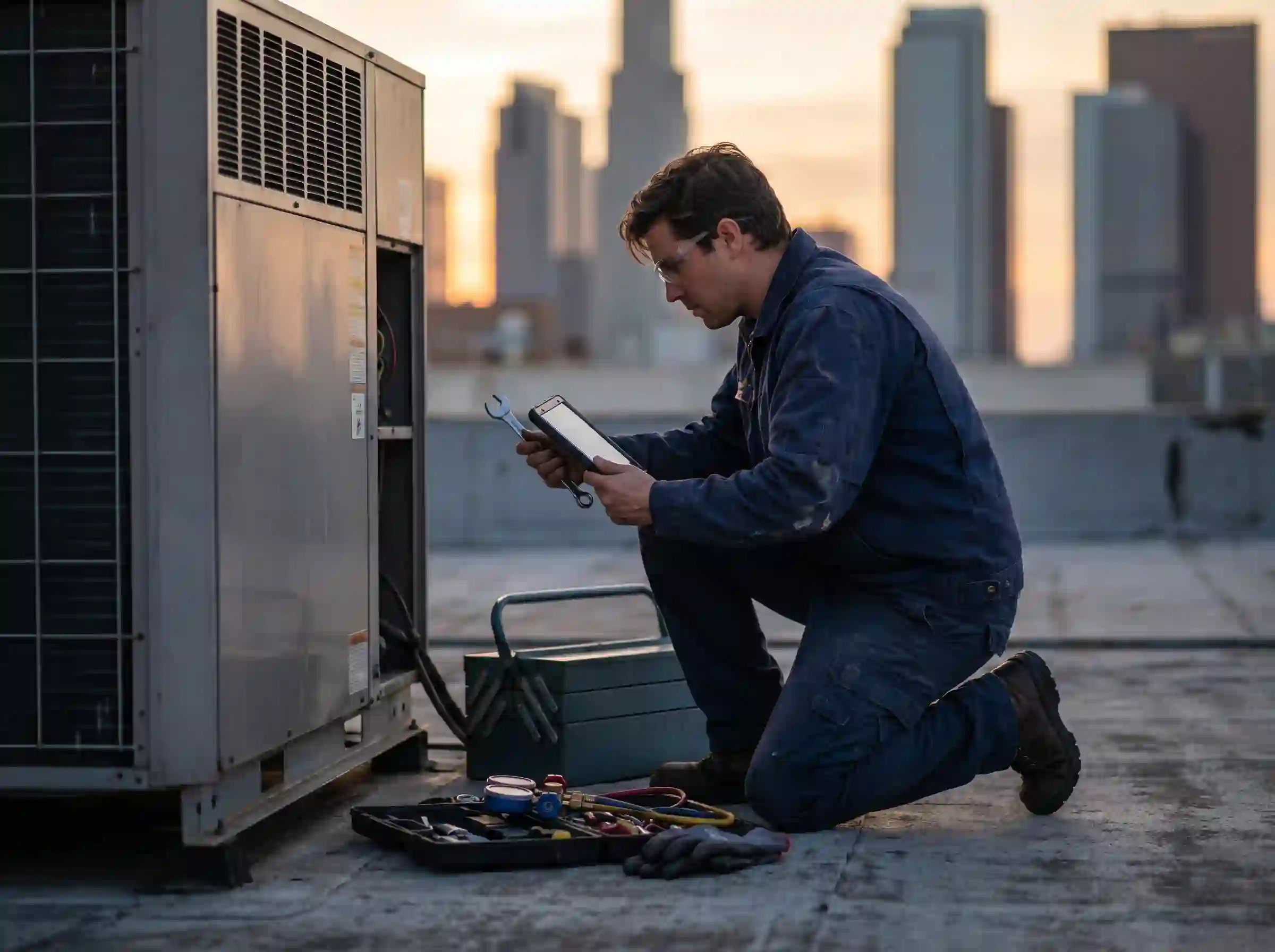 JB Express facilities technician servicing a rooftop HVAC unit with a city skyline in the background