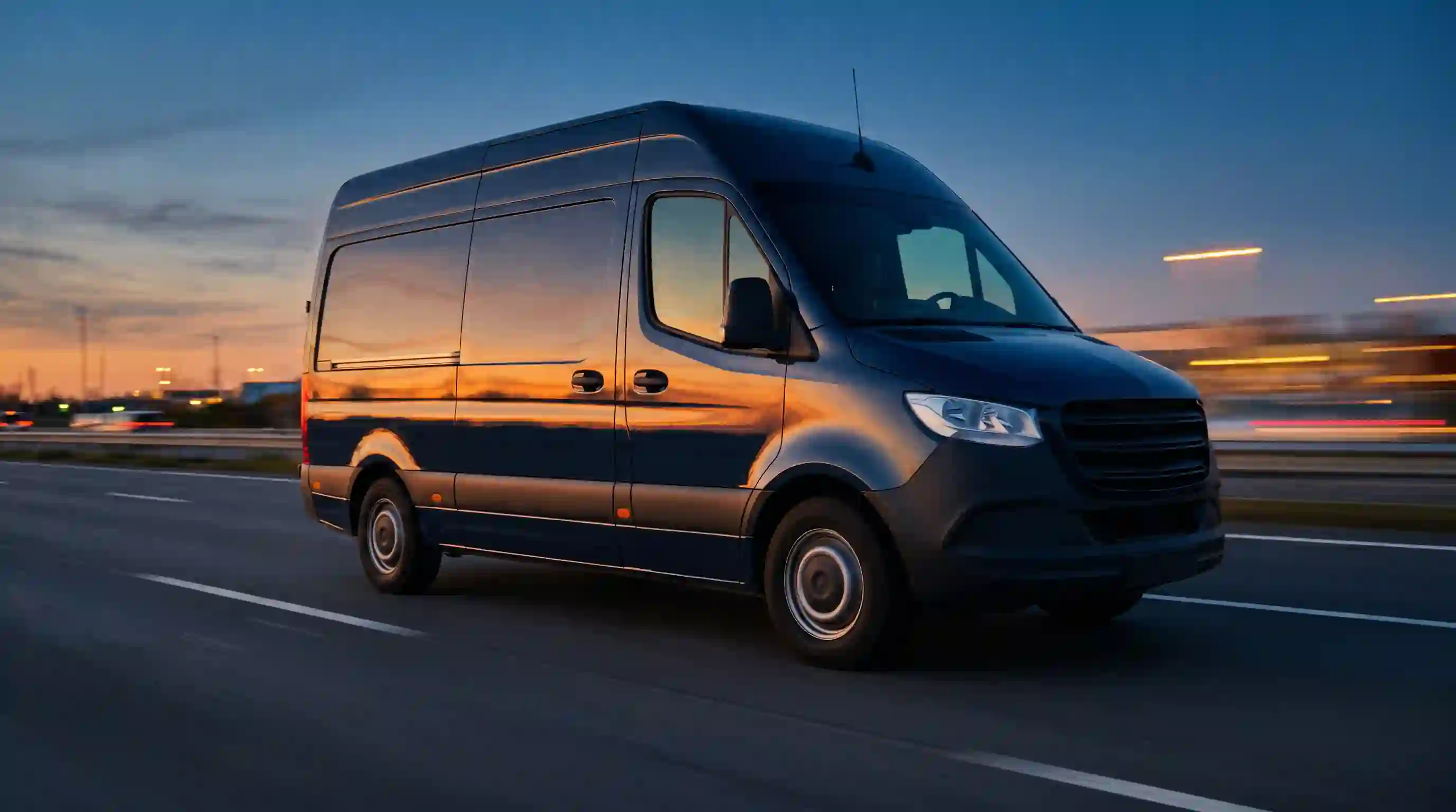 JB Express delivery van in motion on a highway at dusk, reflecting warm evening light